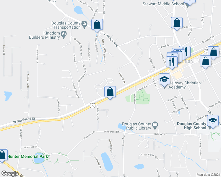 map of restaurants, bars, coffee shops, grocery stores, and more near 7015 West Strickland Street in Douglasville