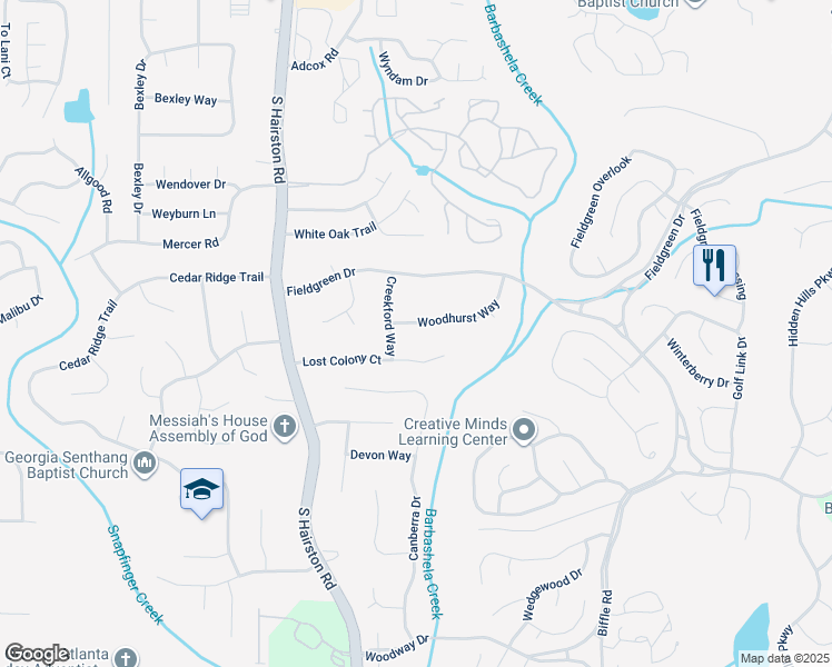 map of restaurants, bars, coffee shops, grocery stores, and more near 4845 Woodhurst Way in Stone Mountain