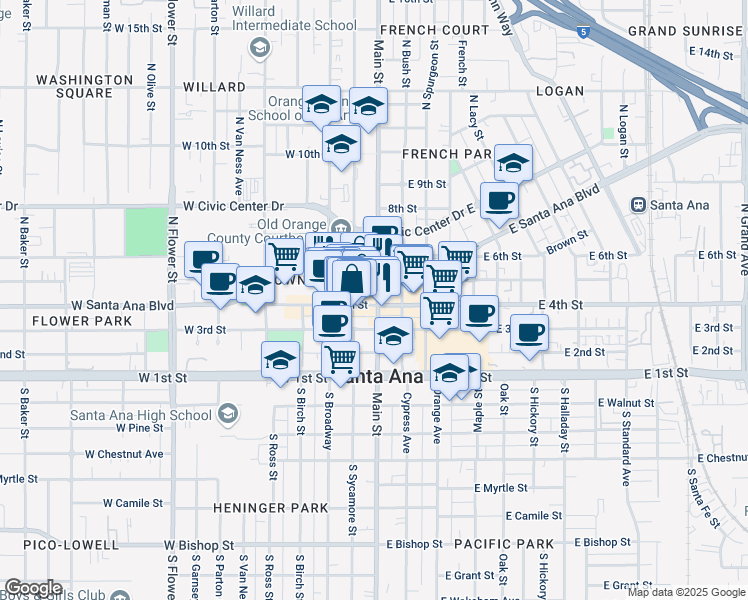 map of restaurants, bars, coffee shops, grocery stores, and more near 415 North Sycamore Street in Santa Ana