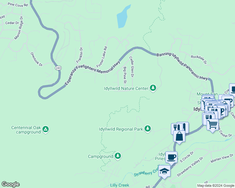 map of restaurants, bars, coffee shops, grocery stores, and more near 53615 Silver Fir Drive in Idyllwild-Pine Cove