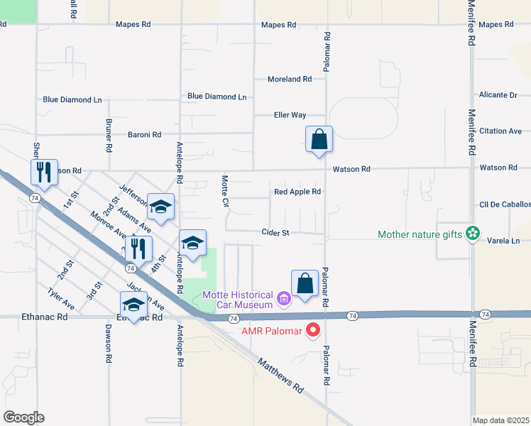 map of restaurants, bars, coffee shops, grocery stores, and more near 25633 Macintosh Court in Romoland