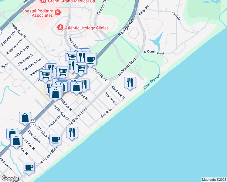 map of restaurants, bars, coffee shops, grocery stores, and more near 211 82nd Avenue North in Myrtle Beach