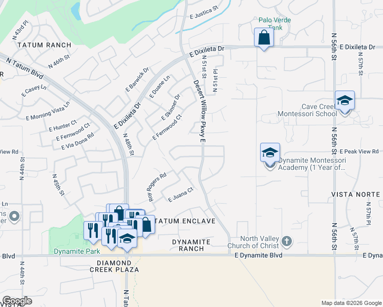 map of restaurants, bars, coffee shops, grocery stores, and more near 5053 East Peak View Road in Cave Creek