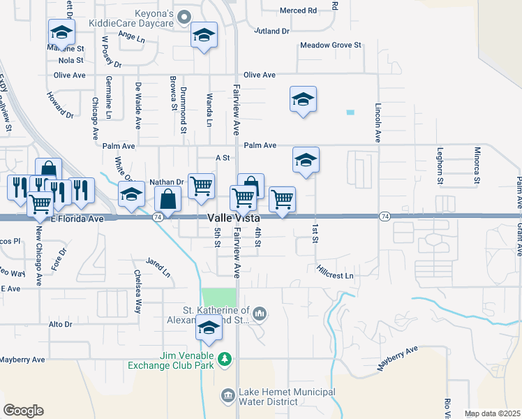 map of restaurants, bars, coffee shops, grocery stores, and more near 44089 C Street in Hemet