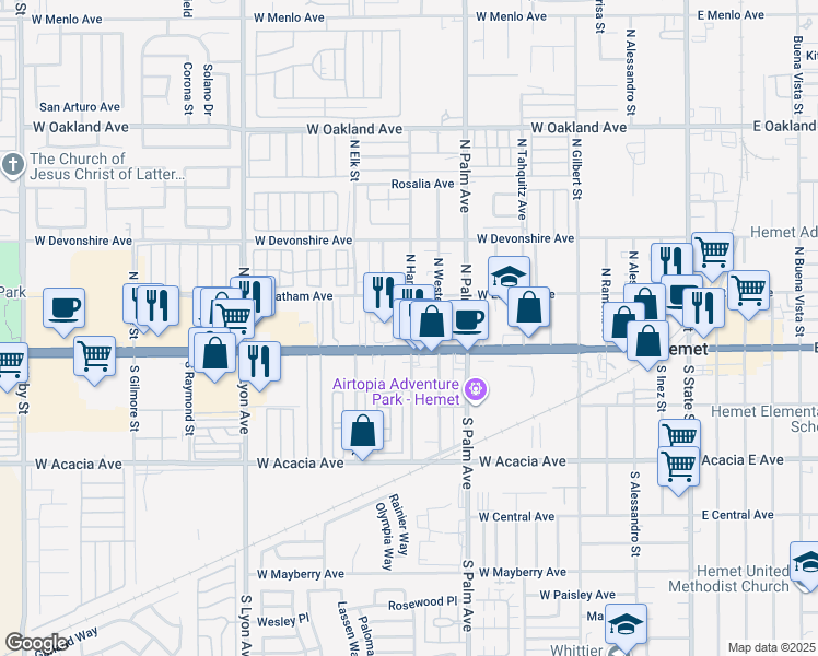 map of restaurants, bars, coffee shops, grocery stores, and more near 133 North Western Avenue in Hemet