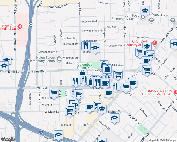 map of restaurants, bars, coffee shops, grocery stores, and more near 17842 Irvine Boulevard in Tustin