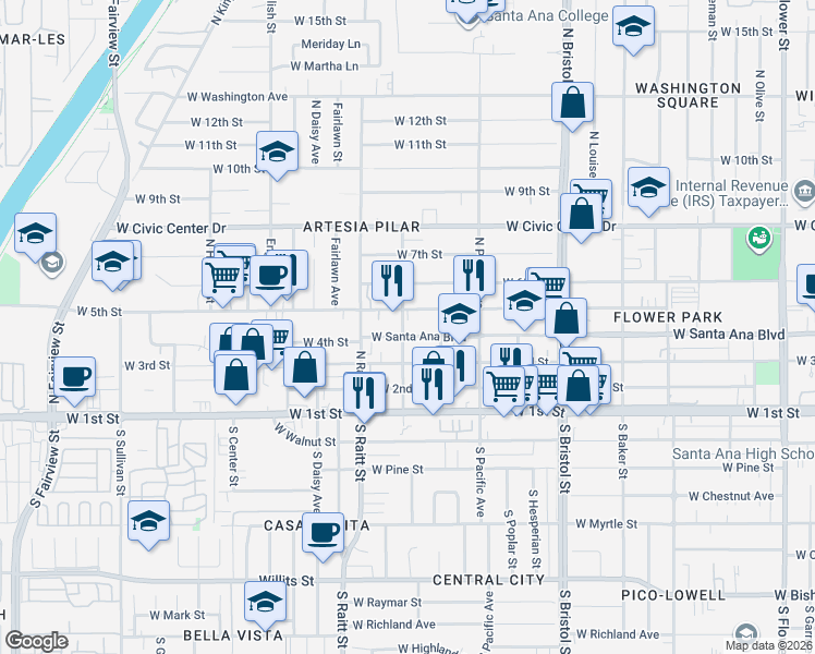 map of restaurants, bars, coffee shops, grocery stores, and more near 1630 West 5th Street in Santa Ana