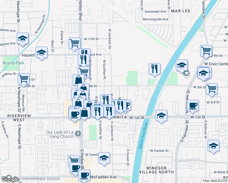 map of restaurants, bars, coffee shops, grocery stores, and more near 416 North Laurel Street in Santa Ana