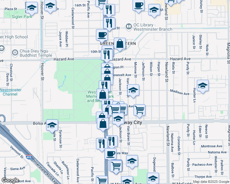 map of restaurants, bars, coffee shops, grocery stores, and more near 14732 Adams Street in Midway City
