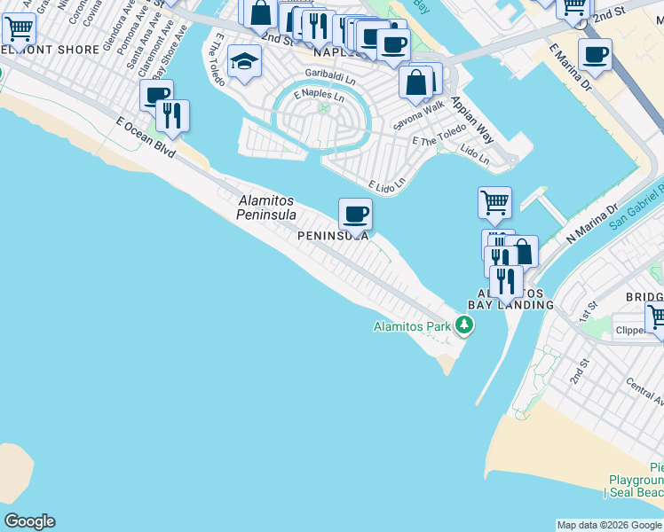 map of restaurants, bars, coffee shops, grocery stores, and more near 18 61st Place in Long Beach