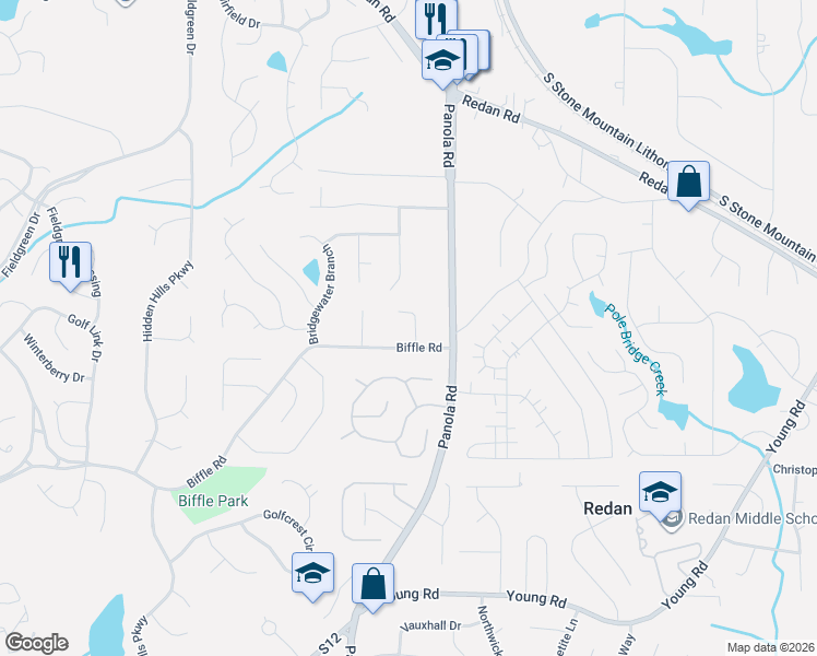map of restaurants, bars, coffee shops, grocery stores, and more near 1480 Smokehouse Lane in Stone Mountain