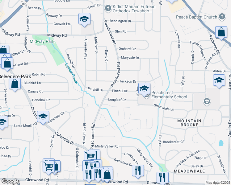 map of restaurants, bars, coffee shops, grocery stores, and more near 1514 Peachcrest Road in Decatur
