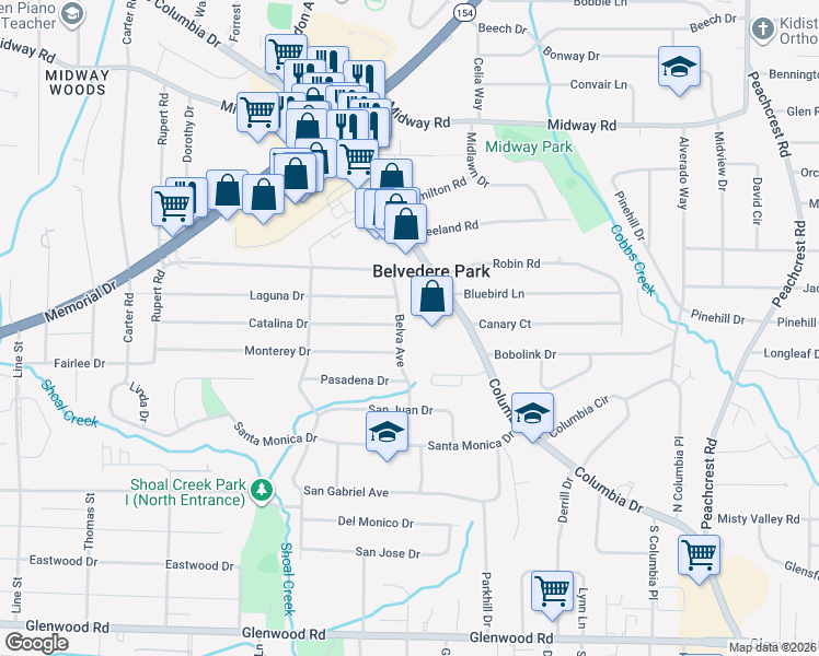 map of restaurants, bars, coffee shops, grocery stores, and more near 3042 Catalina Drive in Decatur