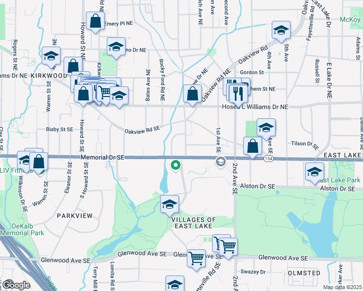 map of restaurants, bars, coffee shops, grocery stores, and more near 167 East Lake Terrace Southeast in Atlanta