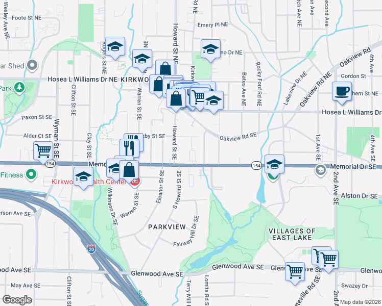 map of restaurants, bars, coffee shops, grocery stores, and more near 160 South Howard Street Southeast in Atlanta