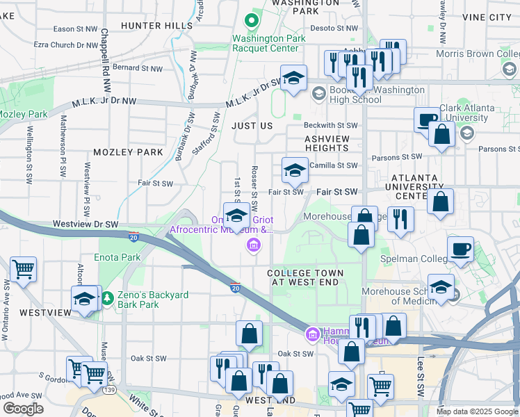 map of restaurants, bars, coffee shops, grocery stores, and more near 237b Rosser Street Southwest in Atlanta