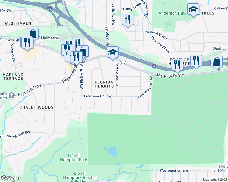 map of restaurants, bars, coffee shops, grocery stores, and more near 277 Barfield Avenue Southwest in Atlanta