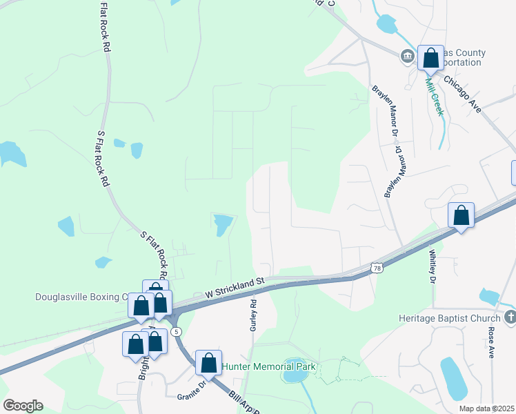 map of restaurants, bars, coffee shops, grocery stores, and more near 7229 Deering Court in Douglasville