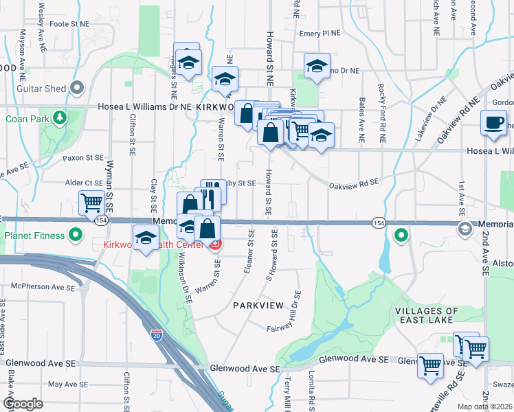 map of restaurants, bars, coffee shops, grocery stores, and more near 174 Eleanor Street Southeast in Atlanta