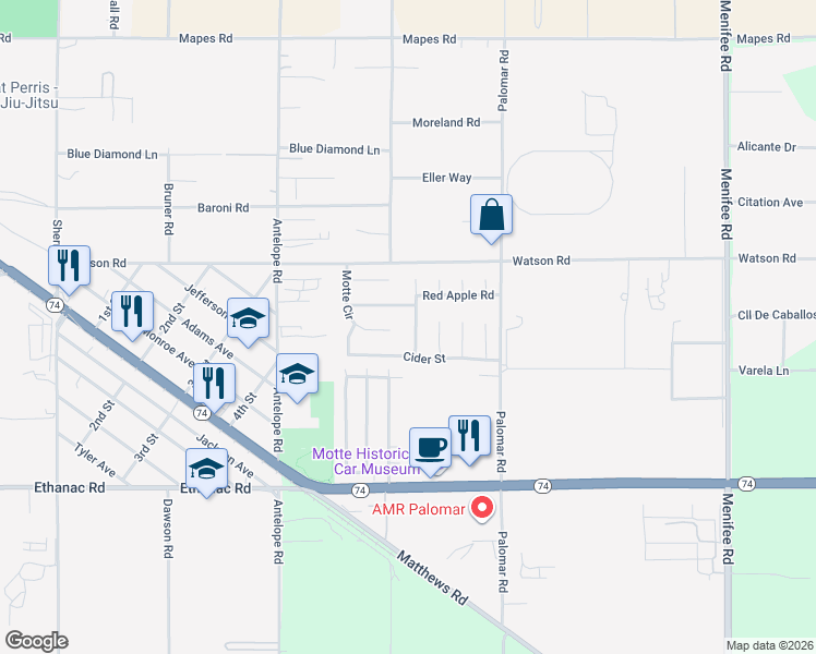 map of restaurants, bars, coffee shops, grocery stores, and more near 25633 Macintosh Court in Romoland