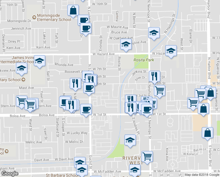 map of restaurants, bars, coffee shops, grocery stores, and more near 4922 West 5th Street in Santa Ana