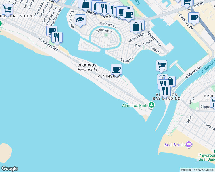 map of restaurants, bars, coffee shops, grocery stores, and more near in Long Beach