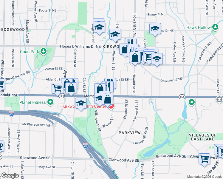 map of restaurants, bars, coffee shops, grocery stores, and more near 172 Dearborn Street Southeast in Atlanta