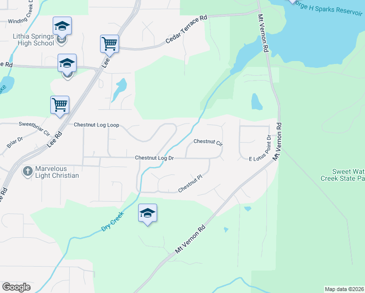 map of restaurants, bars, coffee shops, grocery stores, and more near 2160 Chestnut Circle in Lithia Springs