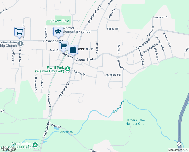map of restaurants, bars, coffee shops, grocery stores, and more near 203 Sanders Hill Drive in Weaver