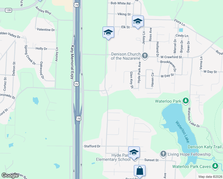 map of restaurants, bars, coffee shops, grocery stores, and more near 10 Village Green Court in Denison