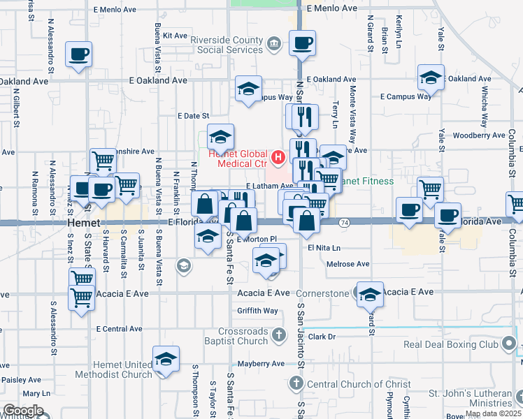 map of restaurants, bars, coffee shops, grocery stores, and more near 1035 Saint John Place in Hemet