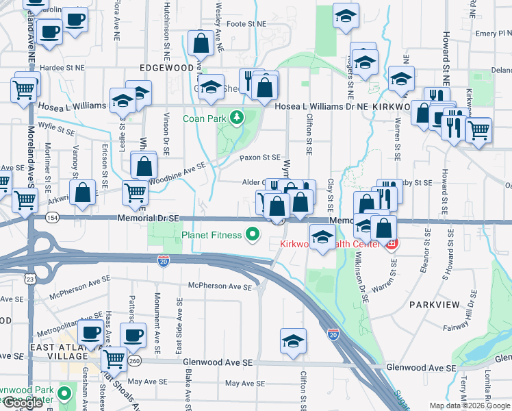 map of restaurants, bars, coffee shops, grocery stores, and more near 1515 Stone Gate Lane Southeast in Atlanta