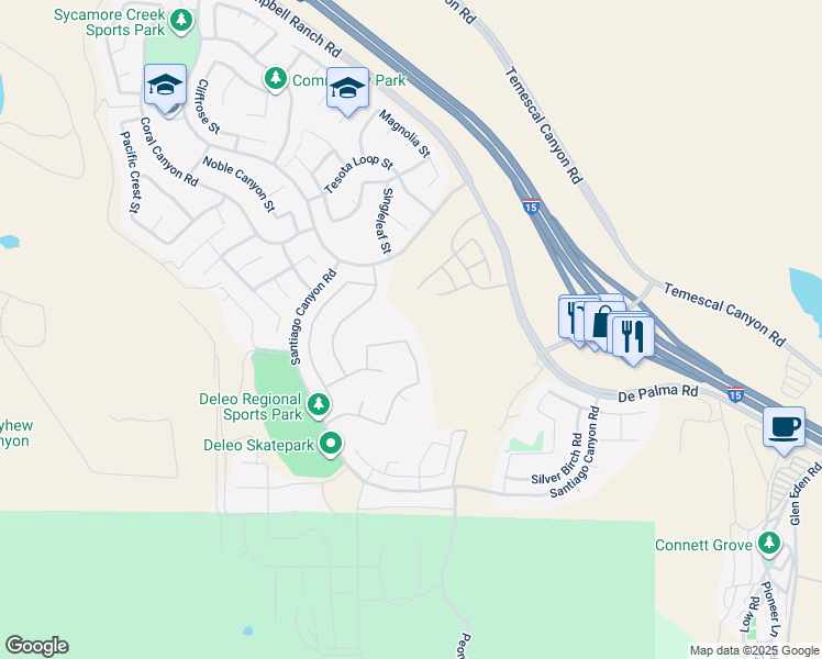 map of restaurants, bars, coffee shops, grocery stores, and more near 11400 Bluebird Way in Corona