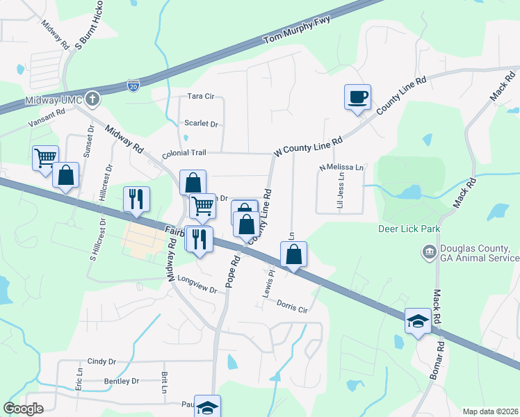 map of restaurants, bars, coffee shops, grocery stores, and more near 2107 West County Line Road in Douglasville