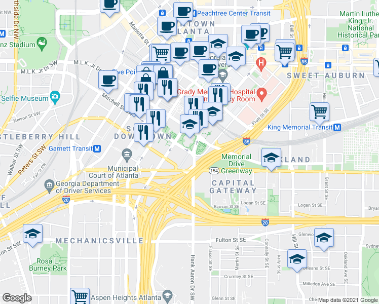 map of restaurants, bars, coffee shops, grocery stores, and more near Capitol Square Southwest in Atlanta