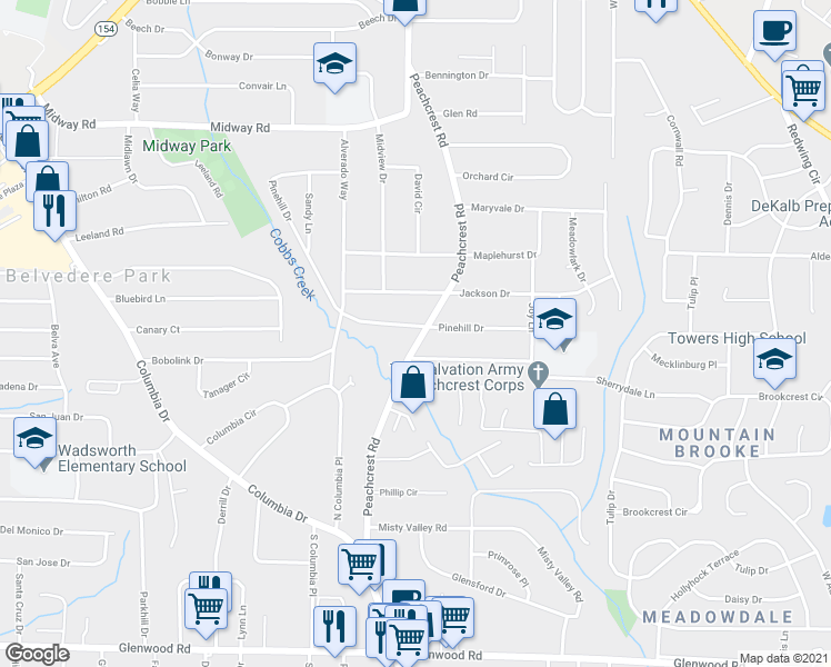 map of restaurants, bars, coffee shops, grocery stores, and more near 3385 Pinehill Drive in Decatur