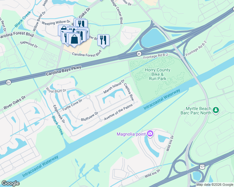 map of restaurants, bars, coffee shops, grocery stores, and more near 288 Fiddlers Run in Longs