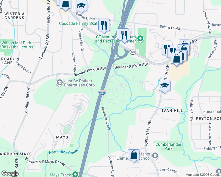 map of restaurants, bars, coffee shops, grocery stores, and more near 294 Brownlee Road Southwest in Atlanta