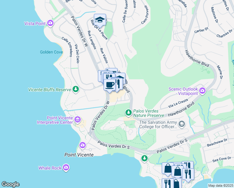 map of restaurants, bars, coffee shops, grocery stores, and more near 31212 Palos Verdes Drive West in Rancho Palos Verdes