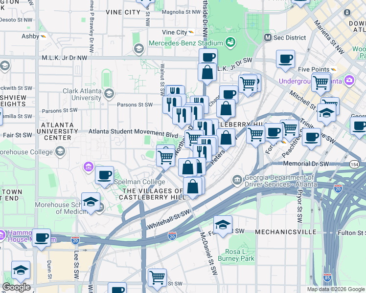 map of restaurants, bars, coffee shops, grocery stores, and more near in Atlanta
