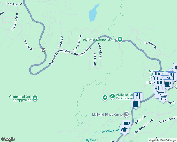map of restaurants, bars, coffee shops, grocery stores, and more near 53615 Silver Fir Drive in Idyllwild-Pine Cove