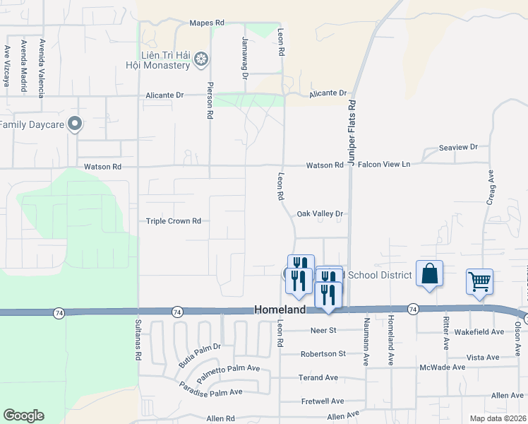 map of restaurants, bars, coffee shops, grocery stores, and more near 25655 Leon Road in Homeland