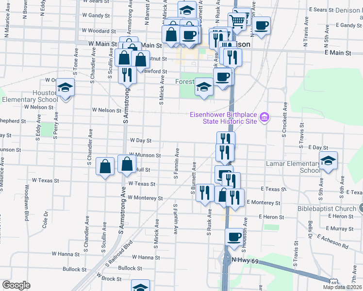 map of restaurants, bars, coffee shops, grocery stores, and more near 426 West Day Street in Denison