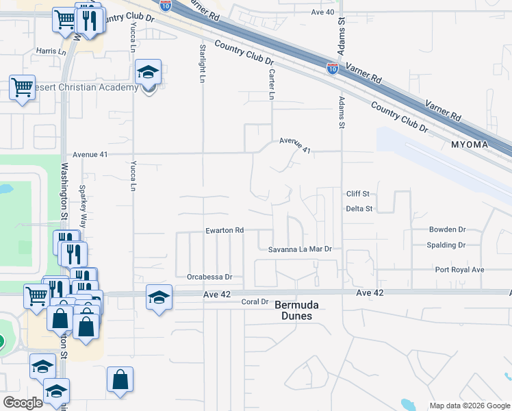 map of restaurants, bars, coffee shops, grocery stores, and more near 78702 Sophia Circle in Bermuda Dunes
