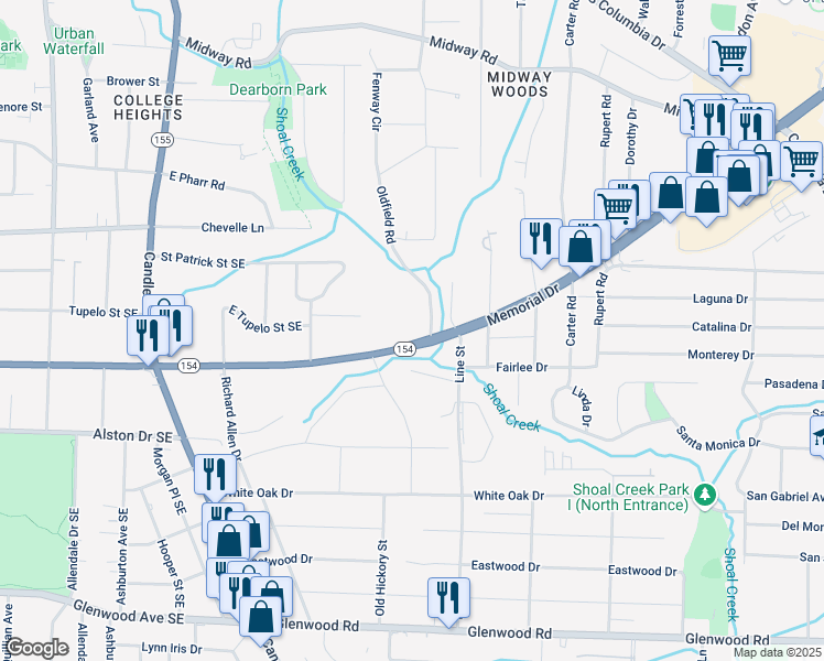 map of restaurants, bars, coffee shops, grocery stores, and more near 521 Oldfield Road in Decatur