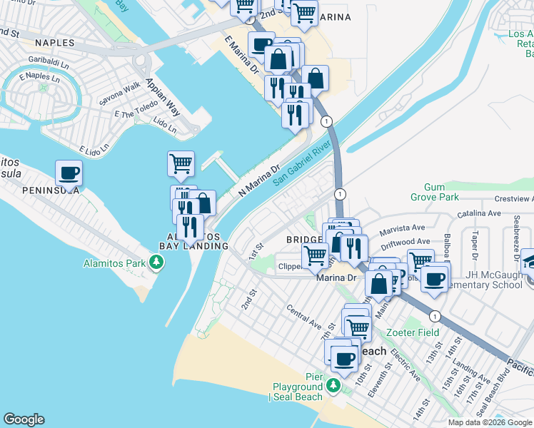 map of restaurants, bars, coffee shops, grocery stores, and more near 96 Welcome Lane in Seal Beach
