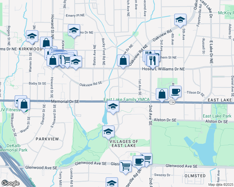 map of restaurants, bars, coffee shops, grocery stores, and more near 167 East Lake Terrace Southeast in Atlanta