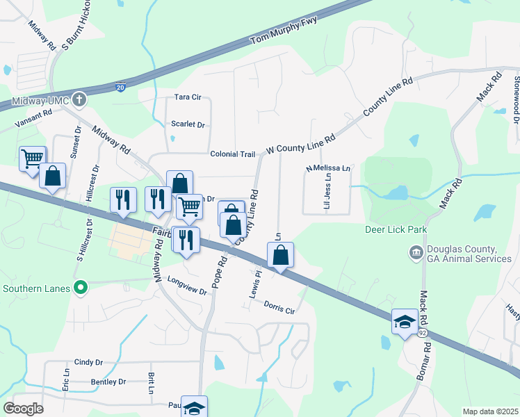 map of restaurants, bars, coffee shops, grocery stores, and more near 3691 West County Line Road in Douglasville