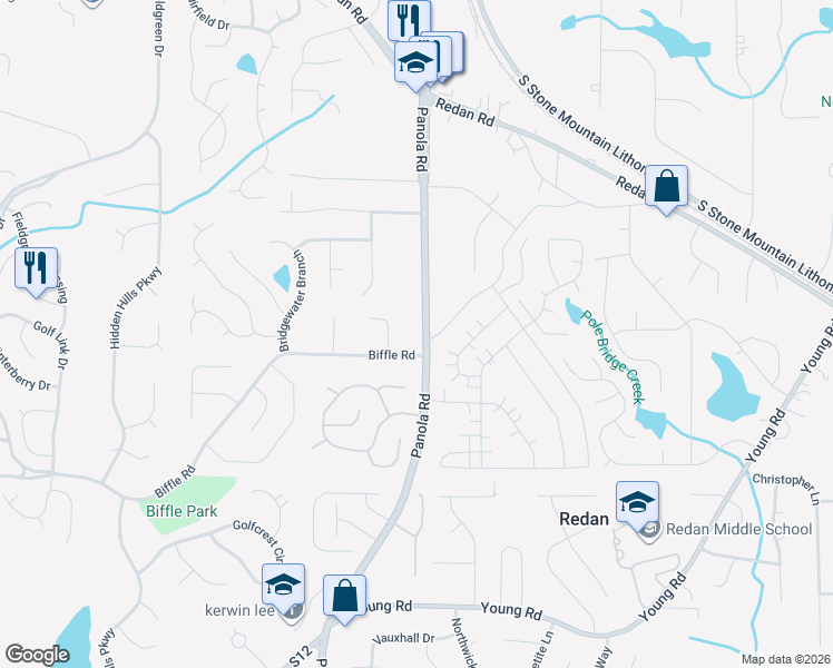 map of restaurants, bars, coffee shops, grocery stores, and more near 1479 Panola Road in Stone Mountain
