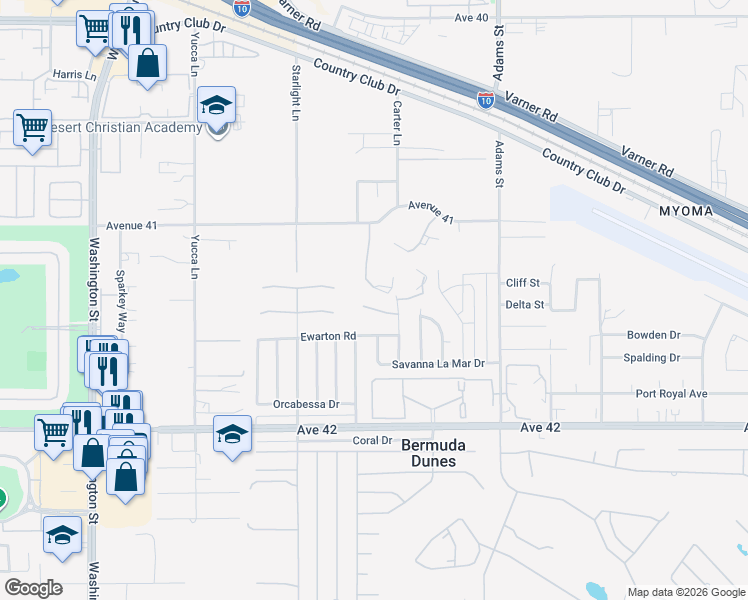 map of restaurants, bars, coffee shops, grocery stores, and more near 78702 Sophia Circle in Bermuda Dunes